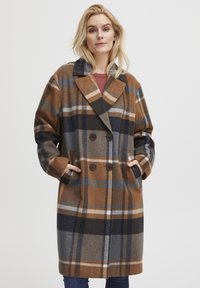 Brown and gray plaid wool coat with double-breasted buttons, oversized collar, and side pockets, featuring a soft texture and warm design.