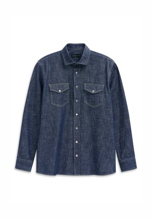 Dark denim long-sleeve shirt with a pointed collar, two chest pockets, and contrasting stitching. Features a button-up front and classic fit.