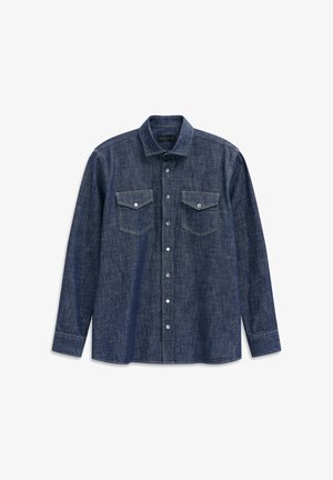 Dark denim long-sleeve shirt with a pointed collar, two chest pockets, and contrasting stitching. Features a button-up front and classic fit.