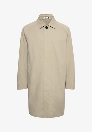 Beiger Trenchcoat mit geradem Schnitt, klassischem Kragen und einem einzelnen schwarzen Knopf. Verfügt über Seitentaschen und minimale Nähte.