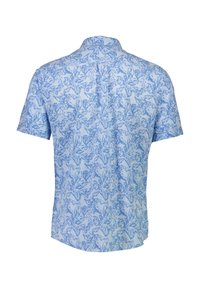 Korte mouwen shirt in lichtblauw met een bladmotief, voorzien van een klassieke kraag en zachte stof. De achteraanzicht toont het volledige ontwerp.
