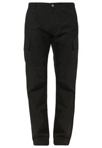 Black cargo pants with a straight fit, featuring two side pockets, a button closure, and reinforced knee sections. Made from durable fabric.