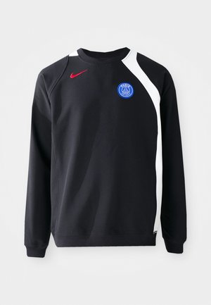 Czarna bluza wykonana z mieszanki bawełny. Posiada białą ukośną paski, czerwoną logo Nike i niebieski emblemat Paryża na piersi. Klasyczny krój.