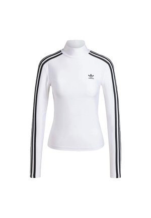 Camiseta de manga larga blanca con cuello alto y franjas laterales negras, con un pequeño logo negro de Adidas en el pecho y un diseño ajustado.