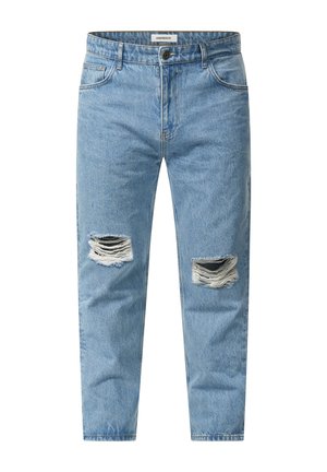 Light blue denim jeans with a slim fit, featuring two distressed rips at the knees and a classic buttoned waistband.