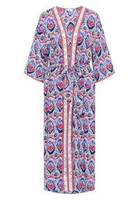 Kimono-stil haljina s uzorkom od višebojnog materijala. Ima kratke rukave, remen, V-izrez i složene geometrijske uzorke s kontrastnim rubovima.