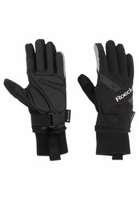 Guanti neri con superficie texture, etichetta GORE-TEX, cinturino regolabile al polso e polsi ribattuti. Presentano accenti grigi sulle dita.