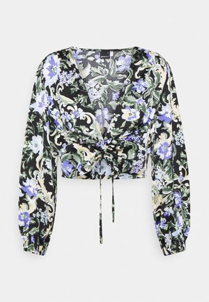 Black floral crop top with long puff sleeves. Features a plunging neckline and tie-front design. Printed with blue, green, and ivory florals.