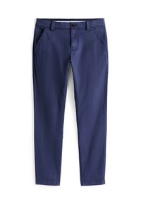 Chinos di cotone blu navy con una texture liscia, dotati di due tasche frontali, una chiusura con un solo bottone marrone e gambe dritte.