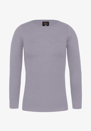 Long-sleeve, lavender t-shirt made of soft fabric, featuring a round neckline and logo detail at the lower left front.