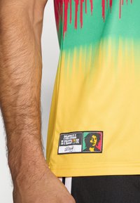 Ποδοσφαιρική φανέλα με βαθμιαία μετάβαση πράσινου, κίτρινου και κόκκινου χρώματος. Περιλαμβάνει ένα αυτοκόλλητο με την επιγραφή «Το ποδόσφαιρο είναι ελευθερία» και μια προσωπογραφία.