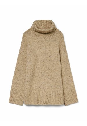 Bežinis megztinis su aukštu, suribotu kaklu, kritinėmis petnešomis ir suribotais rankogaliais. Tekstūruota raštas visame megztinyje.