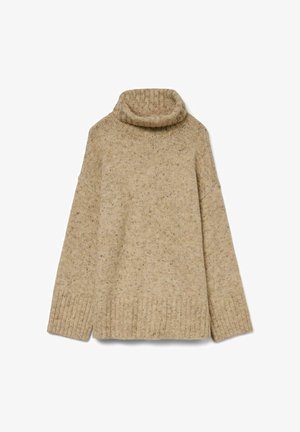 Bežani pleteni pulover s visokim, rebrastim turtleneckom, spuštenim ramenima in rebrastimi manšetami. Teksturalni vzorec po vsej površini.