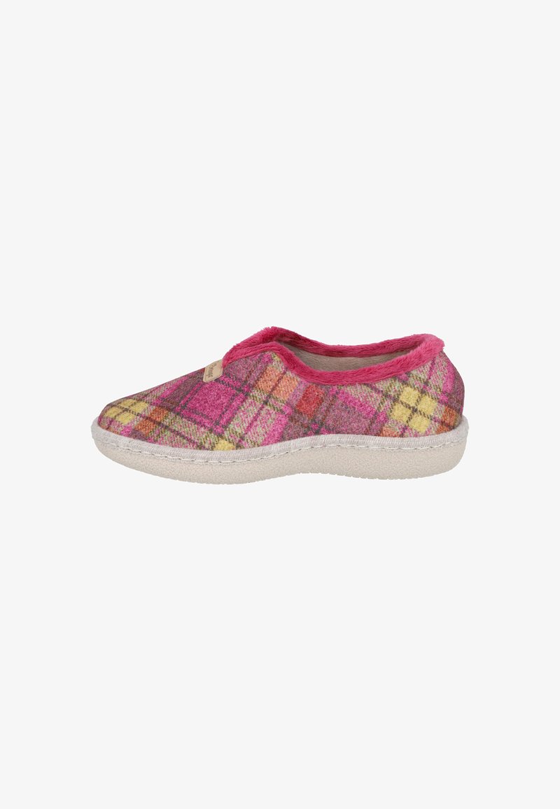 Slipper de cuadros en tonos rosa y multicolor, tipo slip-on, con borde de pelo y suela beis, mostrado de lado sobre un fondo blanco.