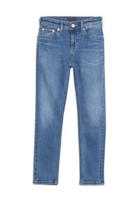 Plave traperice ravnog kroja s dvije prednje džepove, malim logotipom na struku i glatkom teksturom.