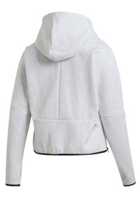 Sweat à capuche gris clair vu de dos, manches longues, bordure noire aux poignets et à l'ourlet, avec une petite fermeture éclair sur le côté.