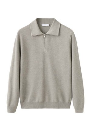 Jersey de punto gris claro con cuello con cremallera, mangas largas y tejido texturizado. Presenta un corte holgado y detalles de puños acanalados.