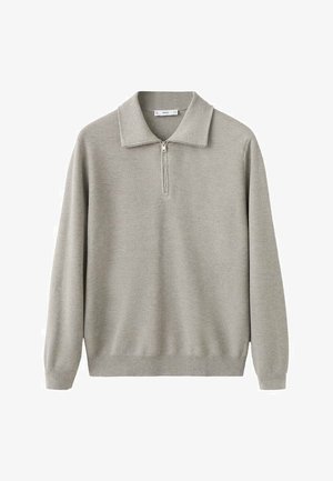 Jersey de punto gris claro con cuello con cremallera, mangas largas y tejido texturizado. Presenta un corte holgado y detalles de puños acanalados.