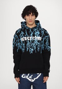Black hoodie with blue lightning bolt pattern, featuring a large "icecream" logo on the front and a kangaroo pocket.