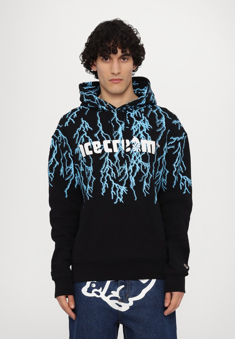 Black hoodie with blue lightning bolt pattern, featuring a large "icecream" logo on the front and a kangaroo pocket.