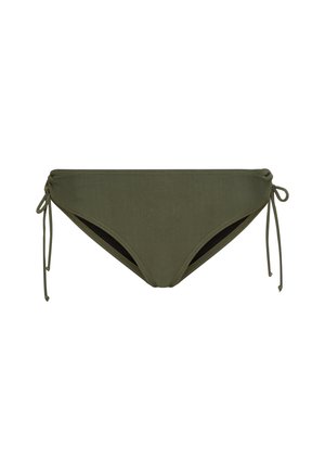 Μπικίνι κατώτερο μέρος σε ελιά πράσινο με ρυθμιζόμενους δεσίματα στα πλαϊνά, μονόχρωμη υφή, σχεδίαση με χαμηλή μέση και αντίθετη μαύρη επένδυση για στυλ και άνεση.