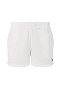 Hvide sportsshorts lavet af letvægtsstof, med elastisk talje, sidelommer og et lille sort logo i kanten.