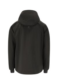 Schwarze Kapuzenjacke mit langen Ärmeln und gerippten Bündchen, von hinten auf weißem Hintergrund gezeigt.