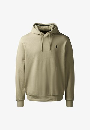 Beige huppari pehmeästä kankaasta, jossa on etutasku, säädettävä nyöri huppu ja pieni brodeerattu logo rinnassa.