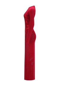Vestido largo de manga larga rojo con una silueta ajustada, que presenta patrones florales en un rojo ligeramente más oscuro. Tejido suave y elástico, diseño hasta el suelo.