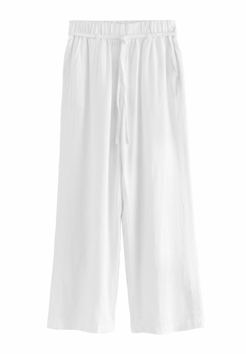 Witte linnen culottes met een elastische tailleband en een trekkenkoord, met een relaxte pasvorm en twee zijzakken voor functionaliteit.