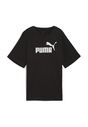 Sort t-shirt med korte ærmer lavet af bomuld, med et stort hvidt "PUMA" logo og et springende puma-grafik foran.