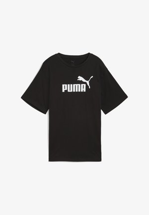 Fekete, rövid ujjú pamut póló, amelyen egy nagy, fehér "PUMA" logó és egy ugró puma grafika látható az elején.