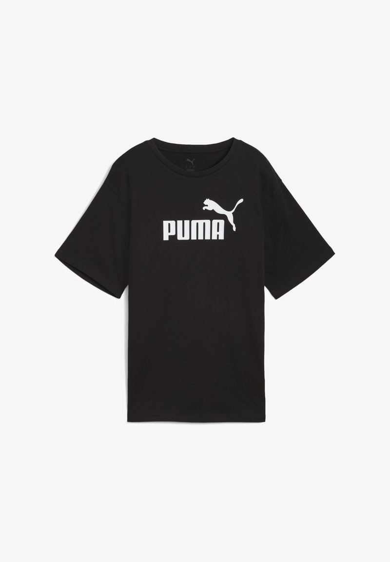 Svart t-shirt med kort ärm, tillverkad av bomull, med en stor vit "PUMA" logotyp och en hoppande puma-grafik på framsidan.