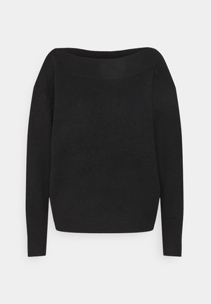 Black long-sleeve knit sweater with wide boat neckline and ribbed cuffs and hem against a plain light background.