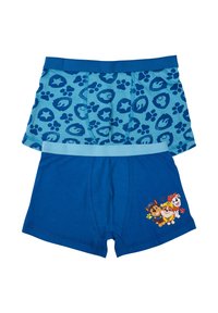 Blue cotton boxer shorts, featuring a top pair with a blue paw print design and a bottom pair with a character graphic in bright colors.