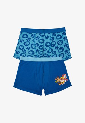 Blue cotton boxer shorts, featuring a top pair with a blue paw print design and a bottom pair with a character graphic in bright colors.
