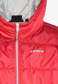 Červená vycpaná bunda s vysokým límcem, která má stříbrný zip a logo na hrudi. Hladká, lesklá tkanina s vypuštěnými částmi.