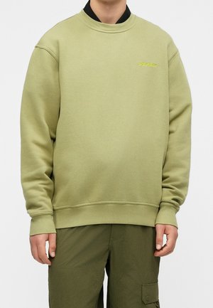 Personne portant un sweat-shirt Dickies vert olive clair et un pantalon cargo vert olive foncé, debout devant un fond uni.