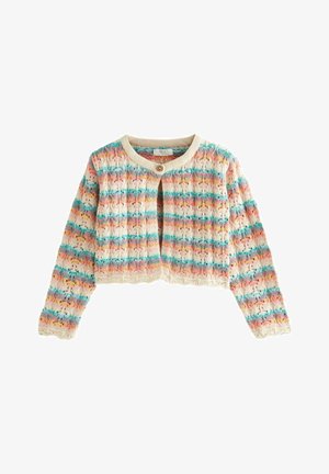 Krótkie sweter w kremowym kolorze, z poziomymi paskami w odcieniach różu, niebieskiego i pomarańczowego, z okrągłym dekoltem i pojedynczym zapięciem na guzik.