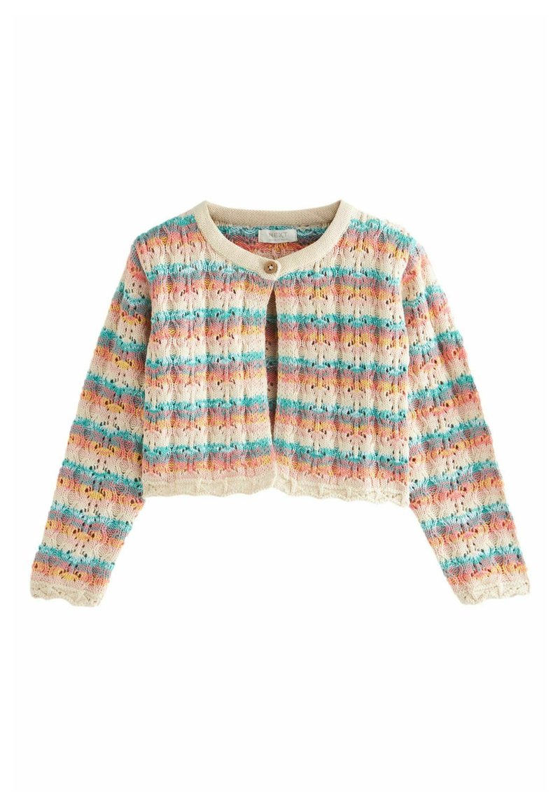 Gekürzte Strickjacke in Creme, mit horizontalen Streifen in Pink, Blau und Orange, rundem Ausschnitt und einem Knopfverschluss.