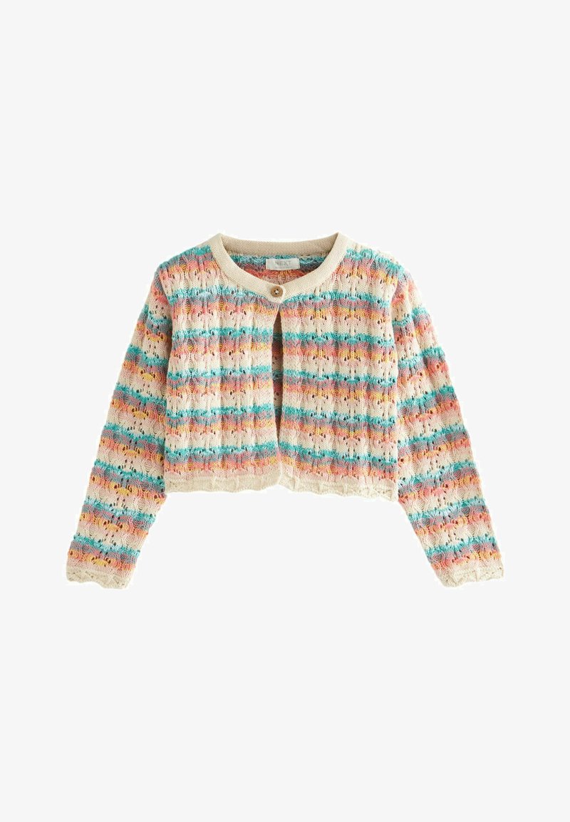 Krátký pletený cardigan v krémové barvě, s horizontálními pruhy v růžové, modré a oranžové, s kulatým výstřihem a jedním knoflíkem na zapínání.
