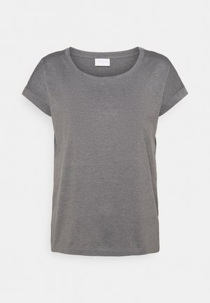 T-shirt gris à manches courtes en tissu doux et lisse, doté d'un col rond et de manches roulées. Pas de motifs ni de détails supplémentaires.