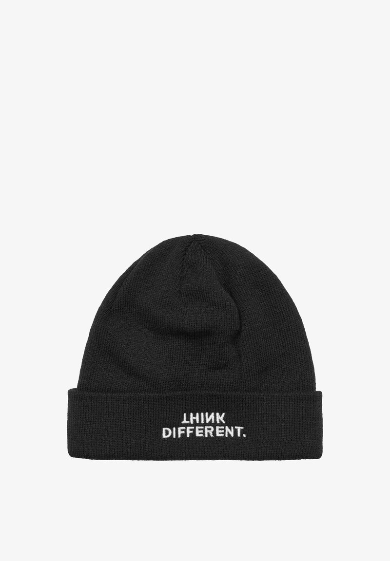 Black knitted beanie with a folded cuff. Features white embroidered text that reads “THINK DIFFERENT.” Text positioned on the front.