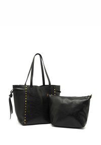Black leather tote bag with gold studs along the side, featuring two handles and a detachable zippered pouch in a matching design.