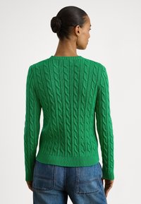 Camisola verde de malha com cabo, com punhos e barra canelados, apresentando um padrão texturado e uma gola redonda, vista por trás.