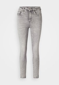 Jeans ajustados en denim gris claro con un acabado desgastado. Presenta un diseño clásico de cinco bolsillos, cierre de botón y detalles de costura.