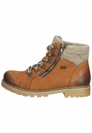 Braune Leder-Stiefeletten mit einem Wollkragen, einem seitlichen Reißverschluss, strapazierfähigen Schnürsenkeln und einer robusten Gummisohle mit Profilmustern.