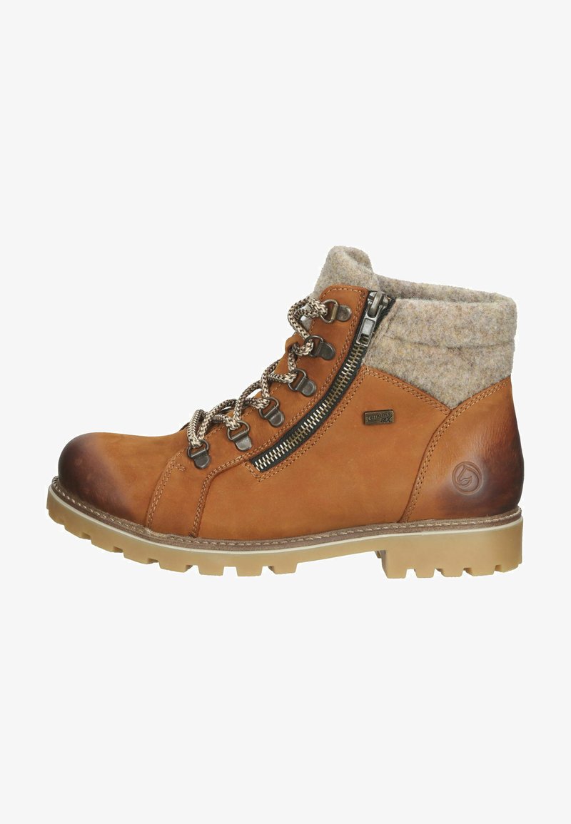 Bottines en cuir marron avec un col en laine, une fermeture éclair sur le côté, des lacets robustes et une semelle en caoutchouc résistante avec des motifs de traction.