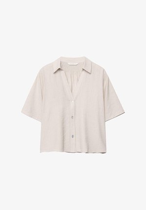 Lysebeige kortærmet skjorte med krave og tre knapper foran, lavet af et tekstureret stof.