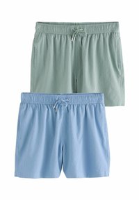 Due paia di shorts, uno verde chiaro e uno blu chiaro, entrambi con una vita elasticizzata e un cordoncino, caratterizzati da un tessuto testurizzato.